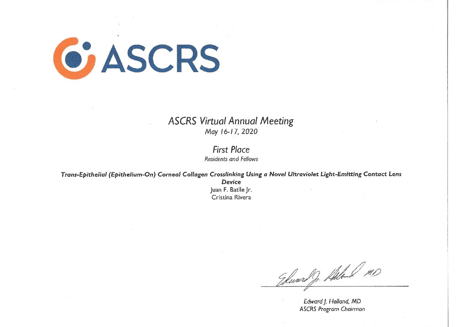 Read more about the article TECLens study run by Dr. Juan Batlle Jr. wins First Place Poster at ASCRS 2020